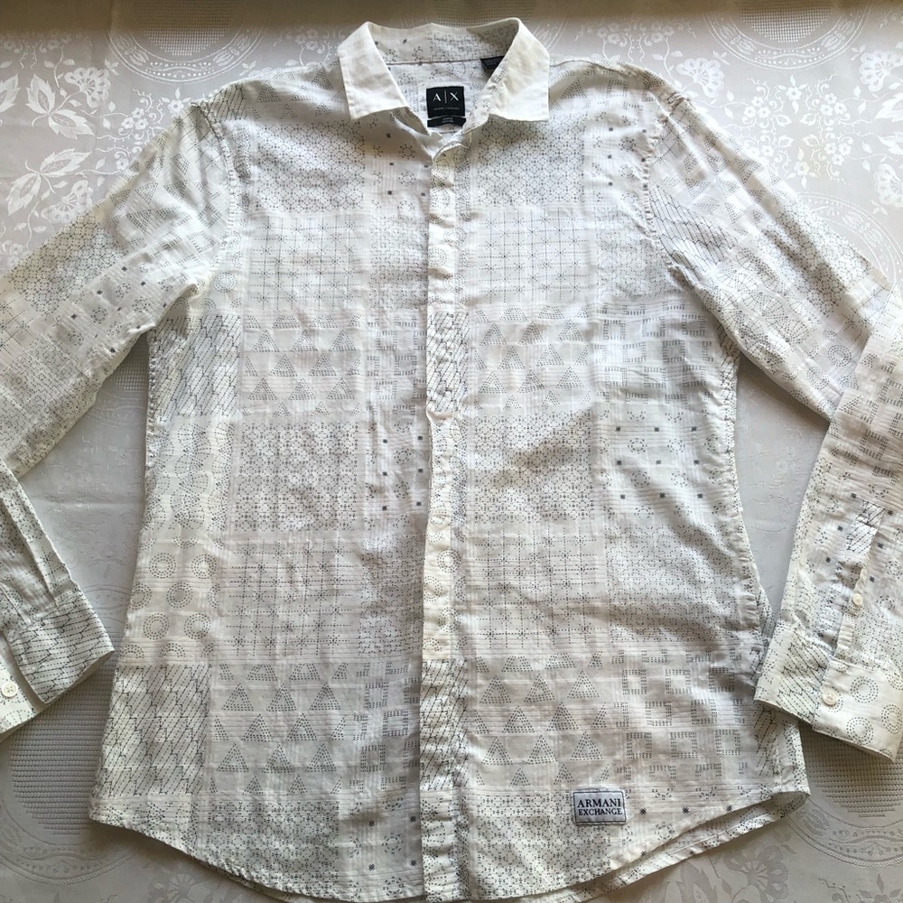 Armani Exchange White/Black Geometric Patterned Men's Size M Button-Down Shirt